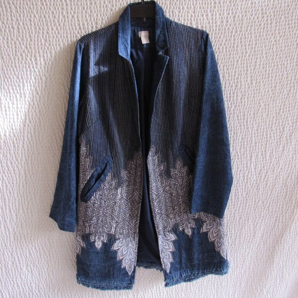 Long Denim Embordered Jacket Duster M Khaki White Stitching Lightweight Pockets - Picture 5 of 14